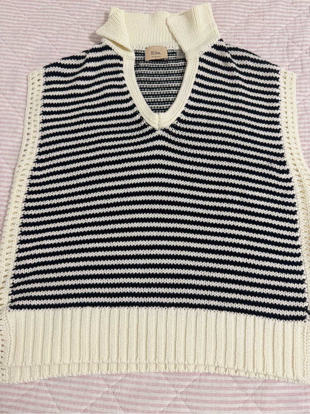 Tahari Black and Cream Striped V-Neck Sweater Vest